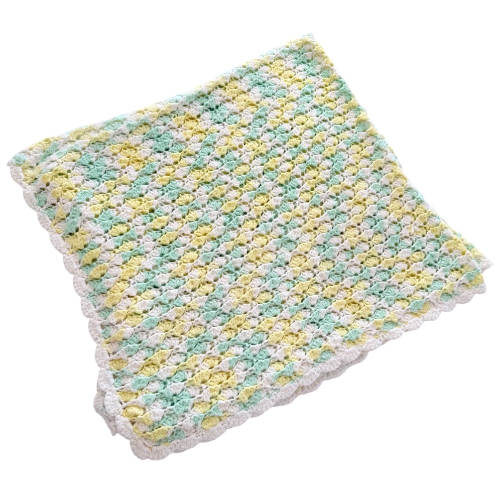 Handmade Crochet Baby Blanket Yellow Green White Shell Stitch 53x49 Vintage